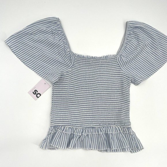 Smocked Flutter Short Sleeve Top Blue Striped Size M - Picture 5 of 7